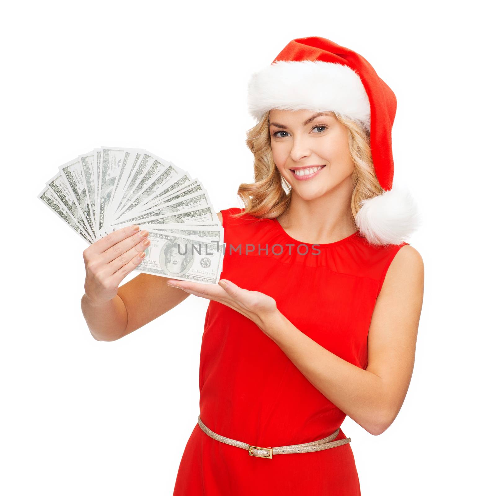 woman in santa helper hat with us dollar money by dolgachov