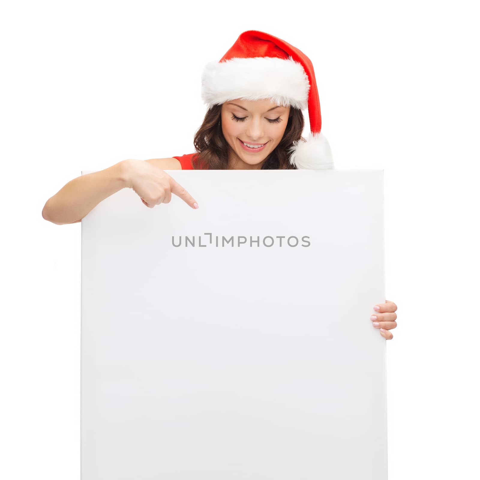 woman in santa helper hat with blank white board by dolgachov