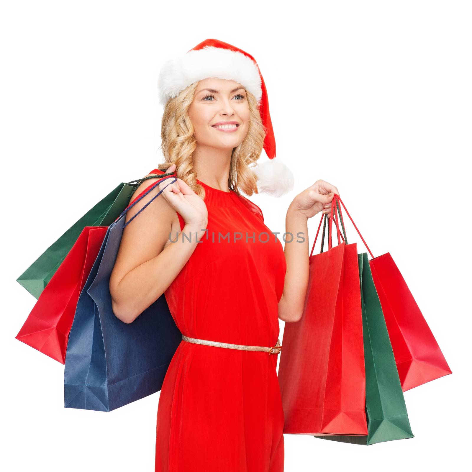 woman in red dress with shopping bags by dolgachov