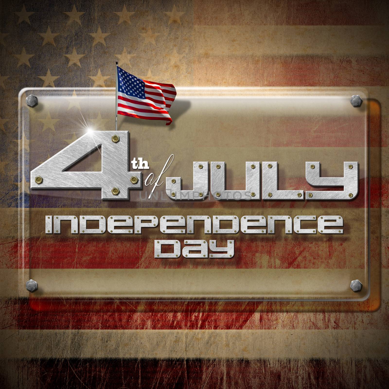 Glass or plexiglass plaque on a wall with US flags and phrase: 4th of July - Independence Day

