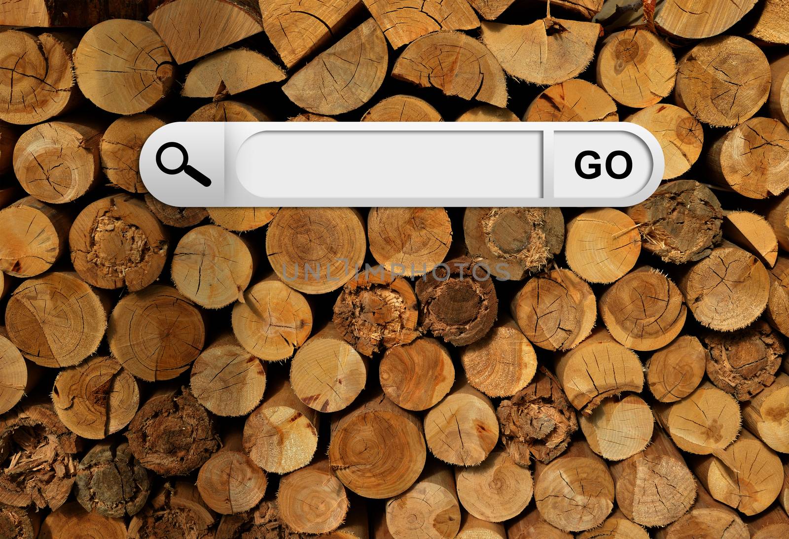 Search bar in browser. Wood chopped firewood on background