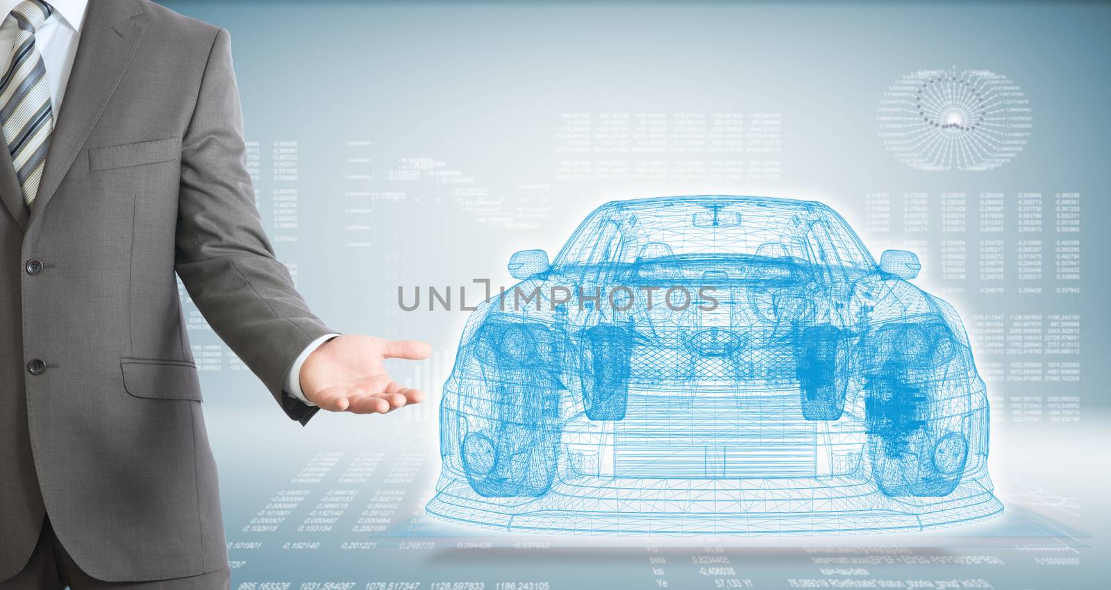 Businessman points hand on wire frame car. High-tech graphs at backdrop