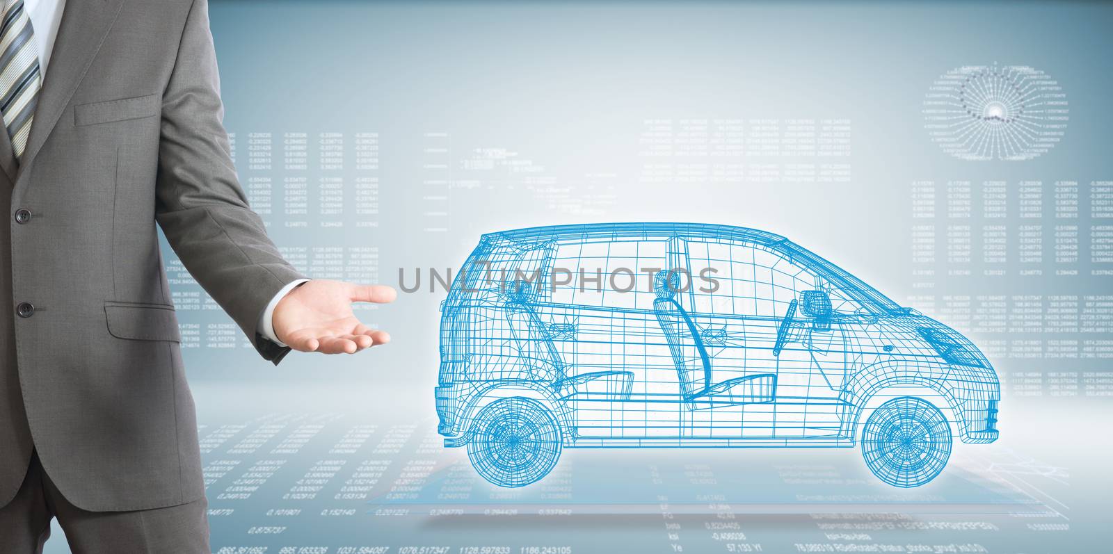 Businessman points hand on wire frame car. High-tech graphs at backdrop