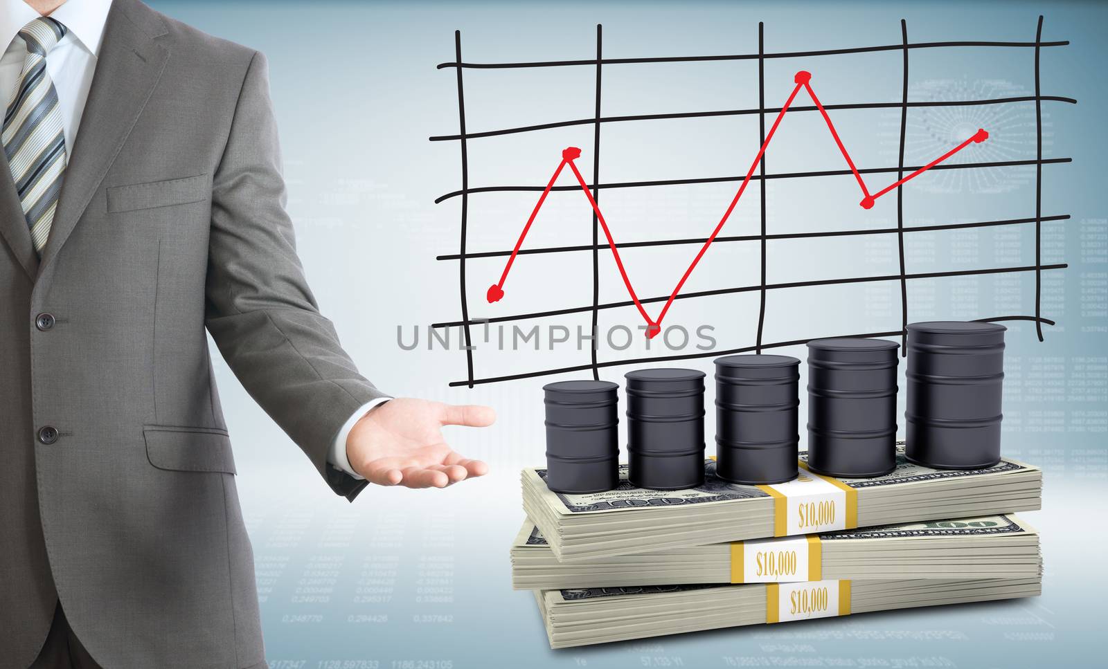 Businessman points hand on barrels oil and money. Schedule of price increases in background