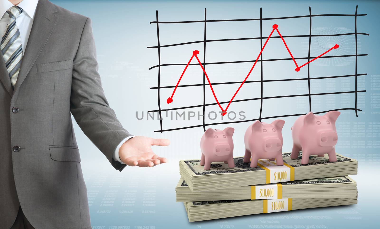 Businessman points hand on piggy banks and money. Schedule of price increases in background