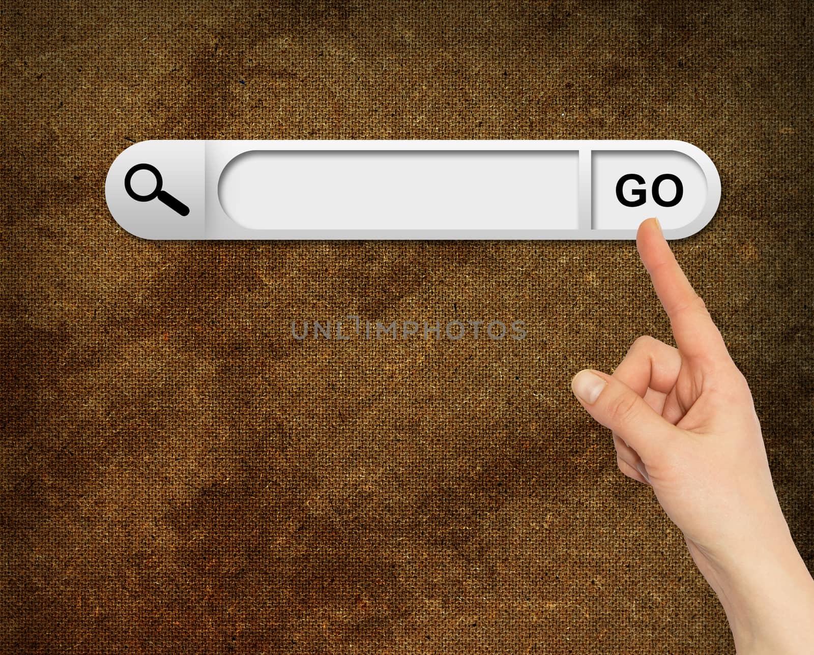 Human hand indicates the search bar in browser. Abstract background. Grunge style