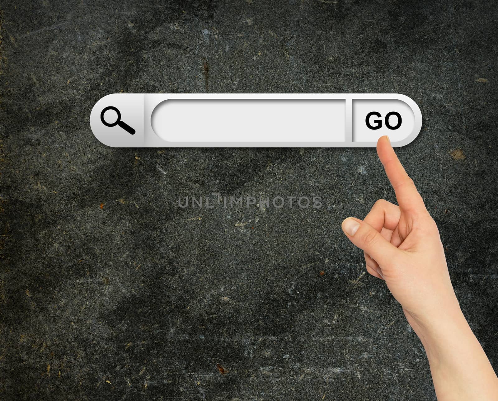 Human hand indicates the search bar in browser by cherezoff