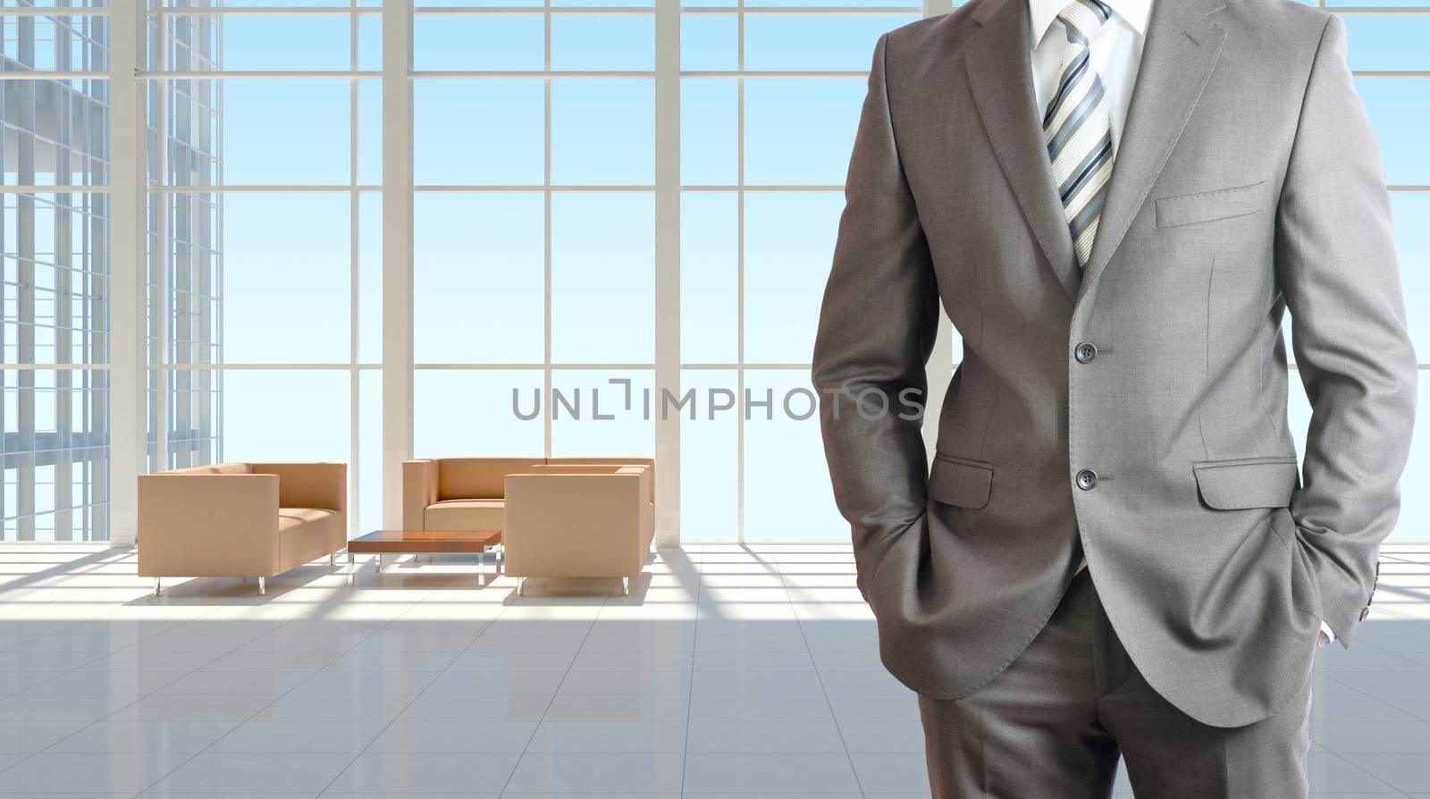 Businessman and large window in office building by cherezoff