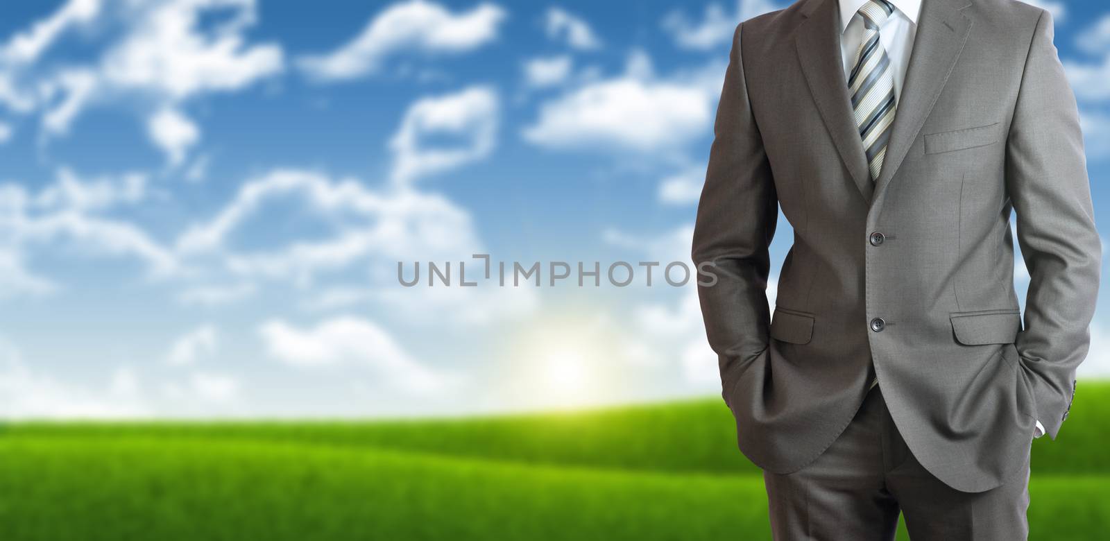 Businessman standing with hands in pockets. Blue sky and green grass as backdrop