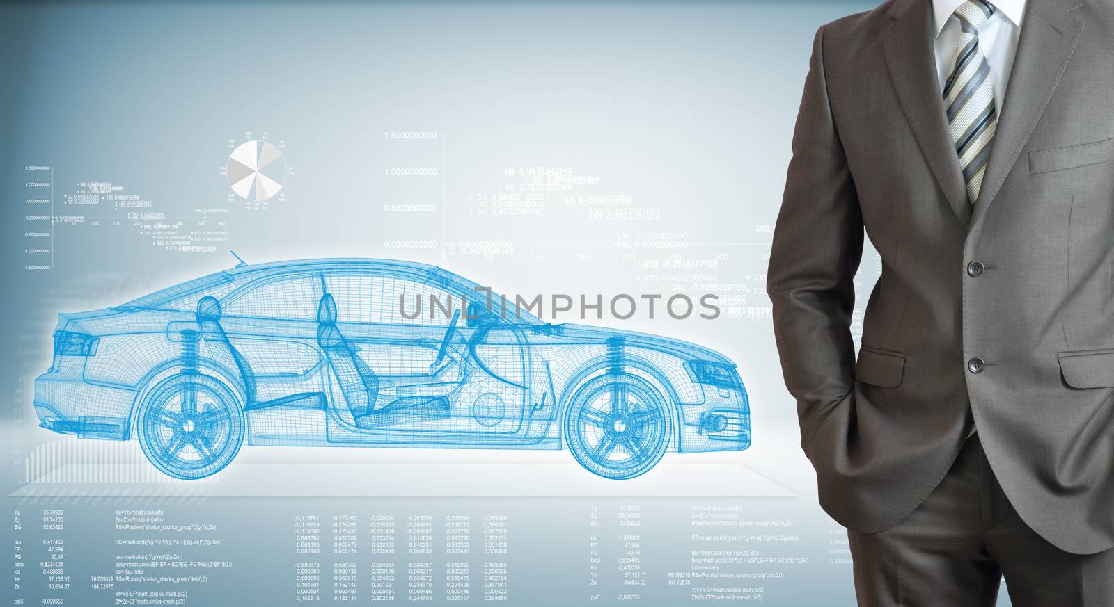 Businessman standing with hands in pockets. On background of the high-tech wire frame car and graphs