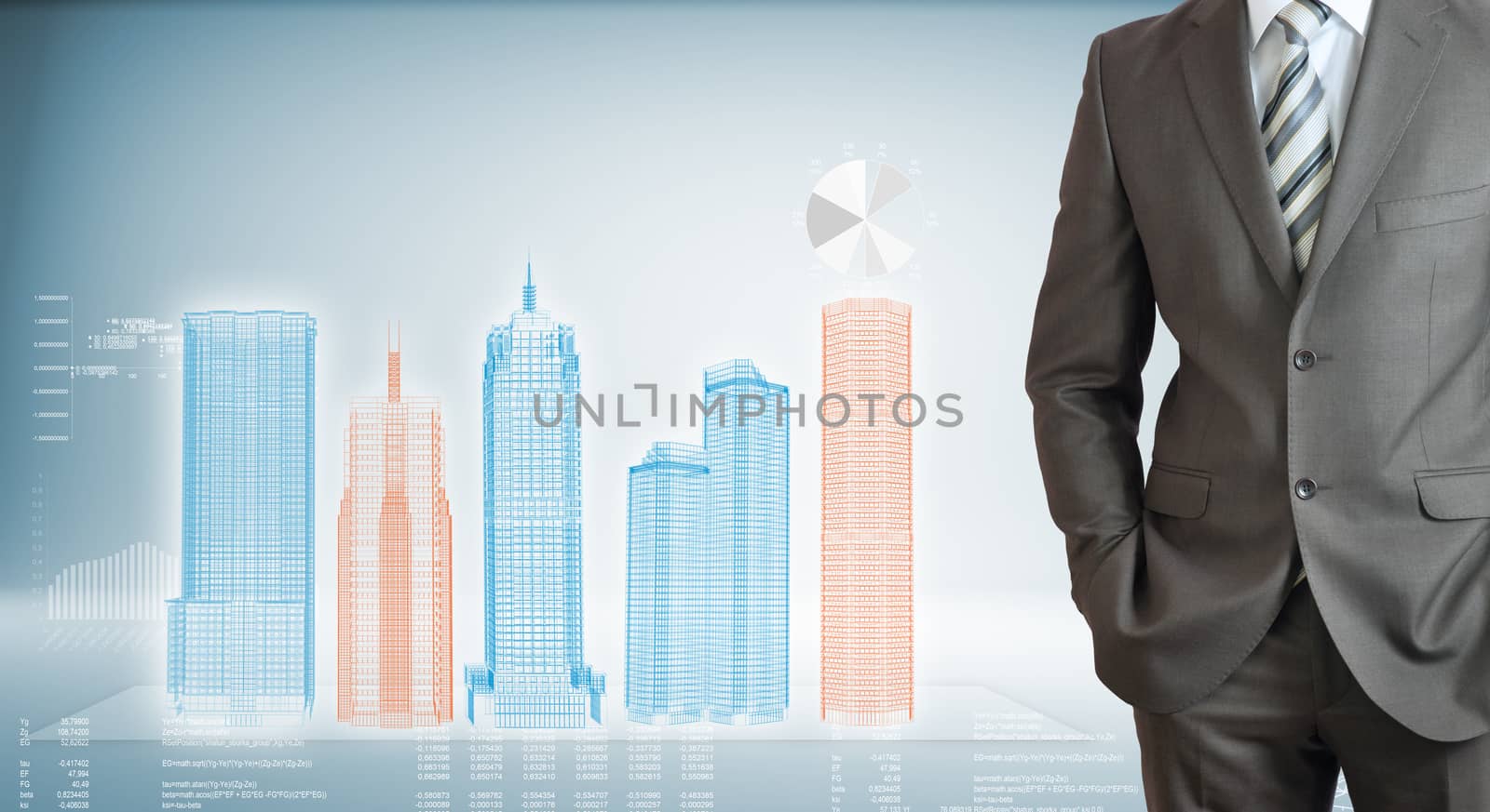 Businessman with high-tech skyscrapers and graphs by cherezoff