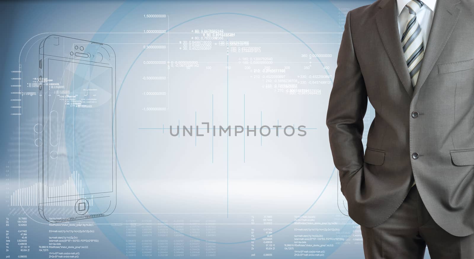 Businessman standing with hands in pockets. High-tech graphs at backdrop