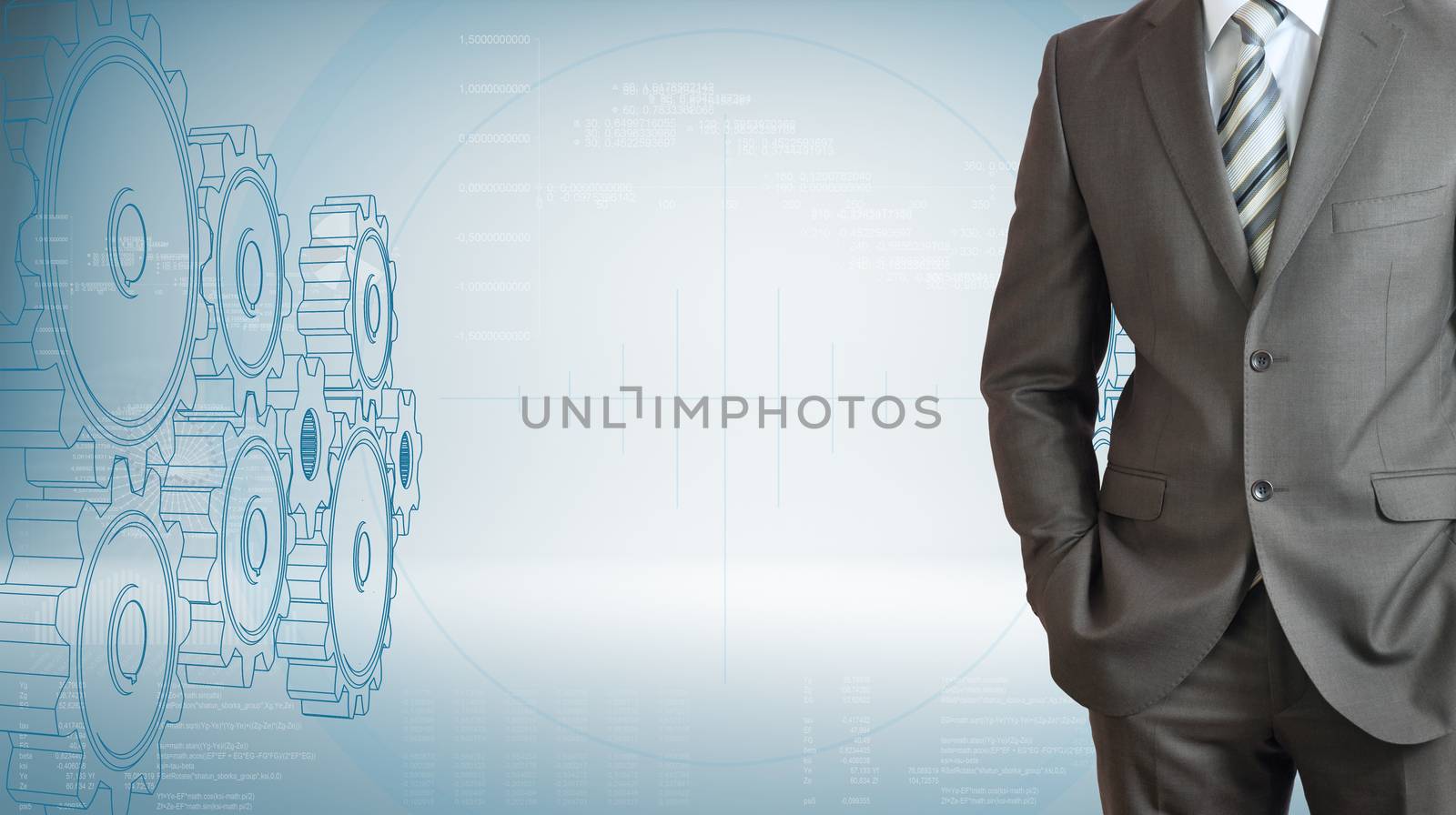 Businessman with high-tech gears and graphs by cherezoff