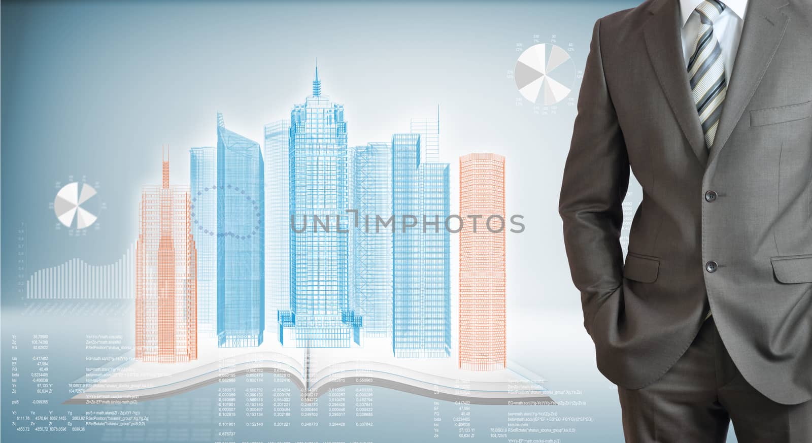 Businessman with high-tech skyscrapers and graphs by cherezoff