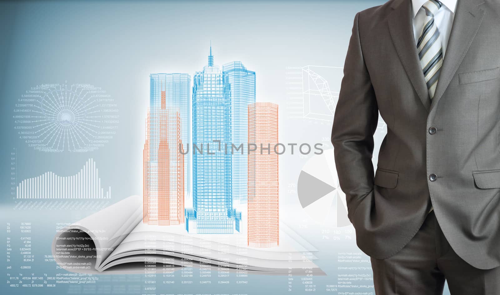 Businessman standing with hands in pockets. On background of the high-tech wire frame skyscrapers, book and graphs