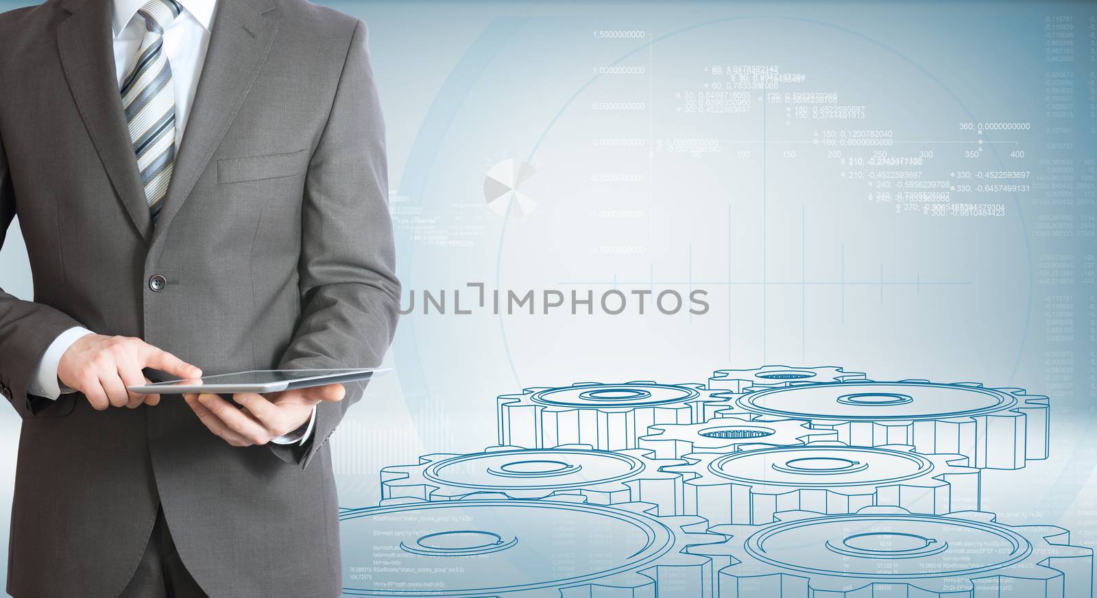 Businessman hold tablet pc. High-tech wire frame gears and graphs at backdrop