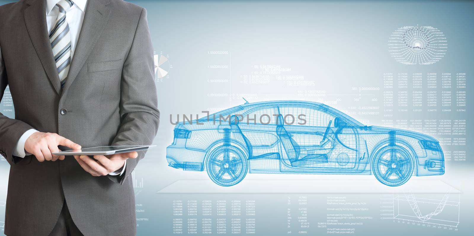 Businessman with tablet pc and high-tech car by cherezoff