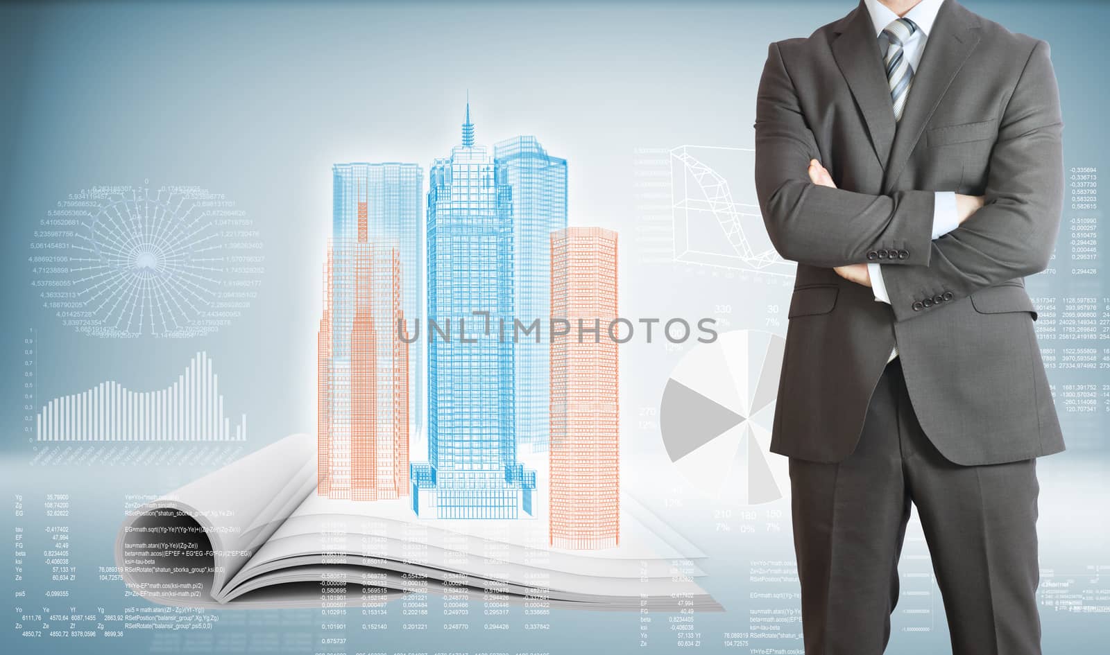 Businessman with high-tech wire frame skyscrapers, book and graphs