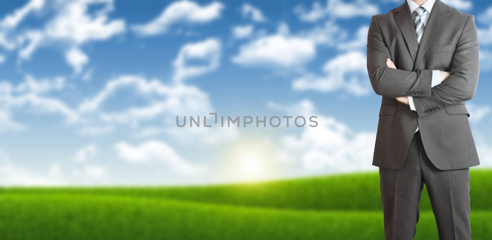 Businessman standing with his arms crossed. Blue sky and green grass as backdrop