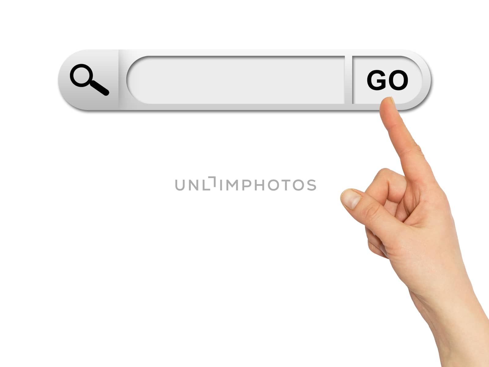 Human hand indicates the search bar in browser. White background