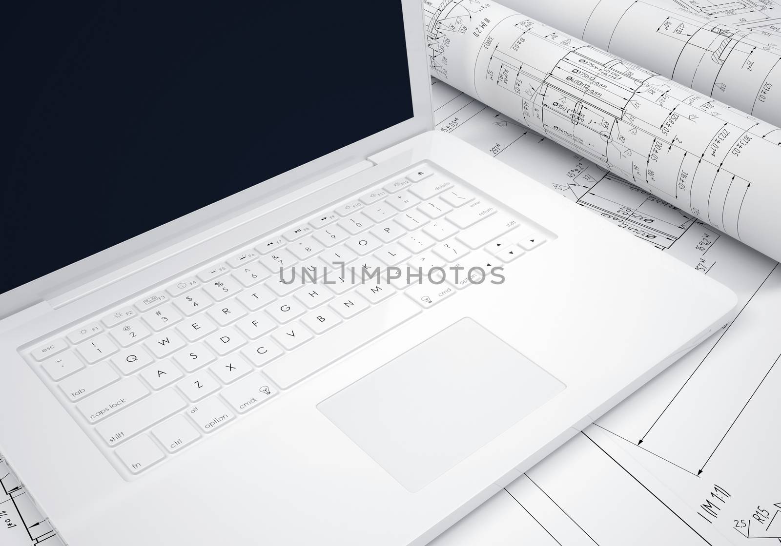 Scrolls engineering drawings and laptop by cherezoff