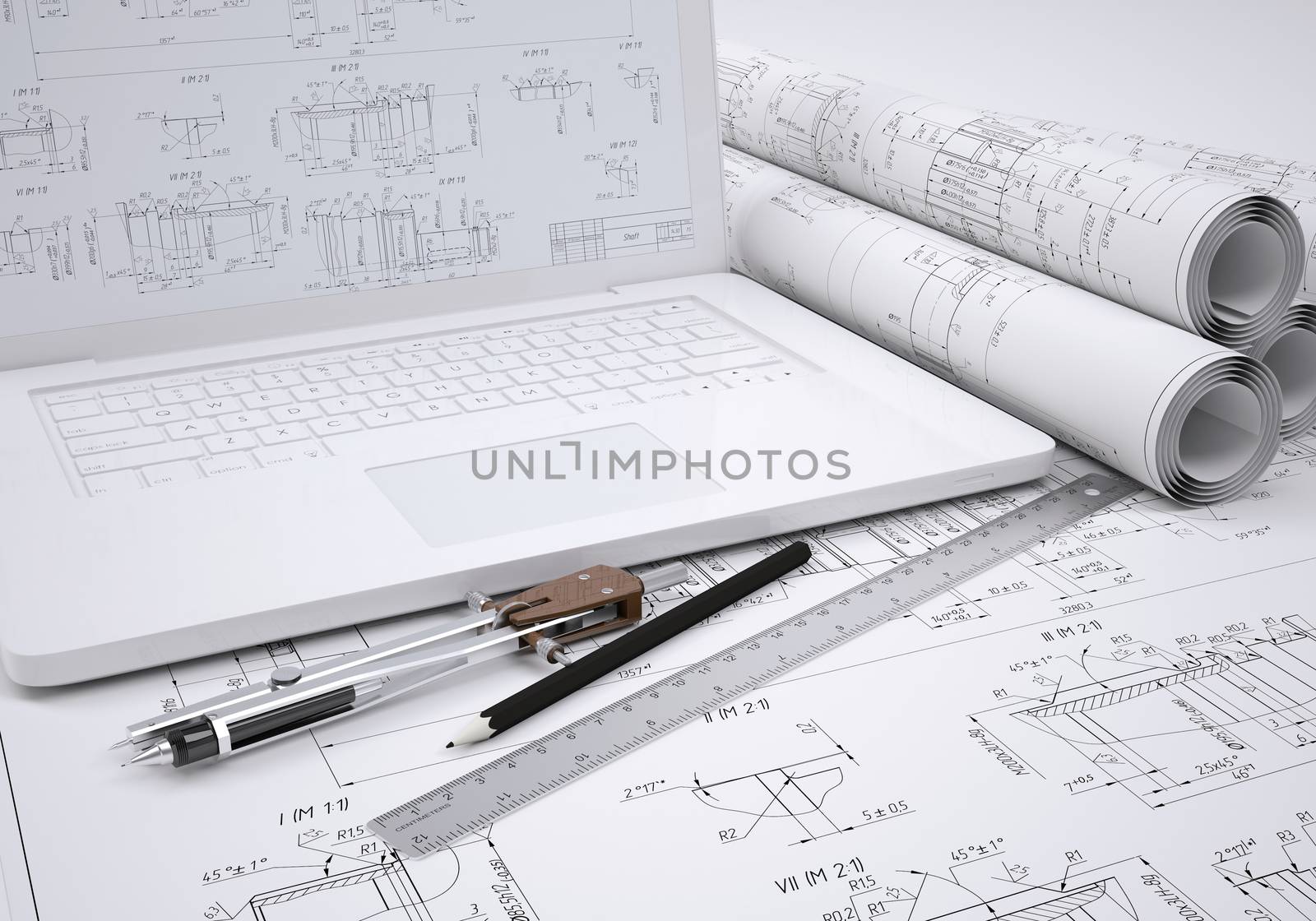 Scrolls engineering drawings and laptop by cherezoff