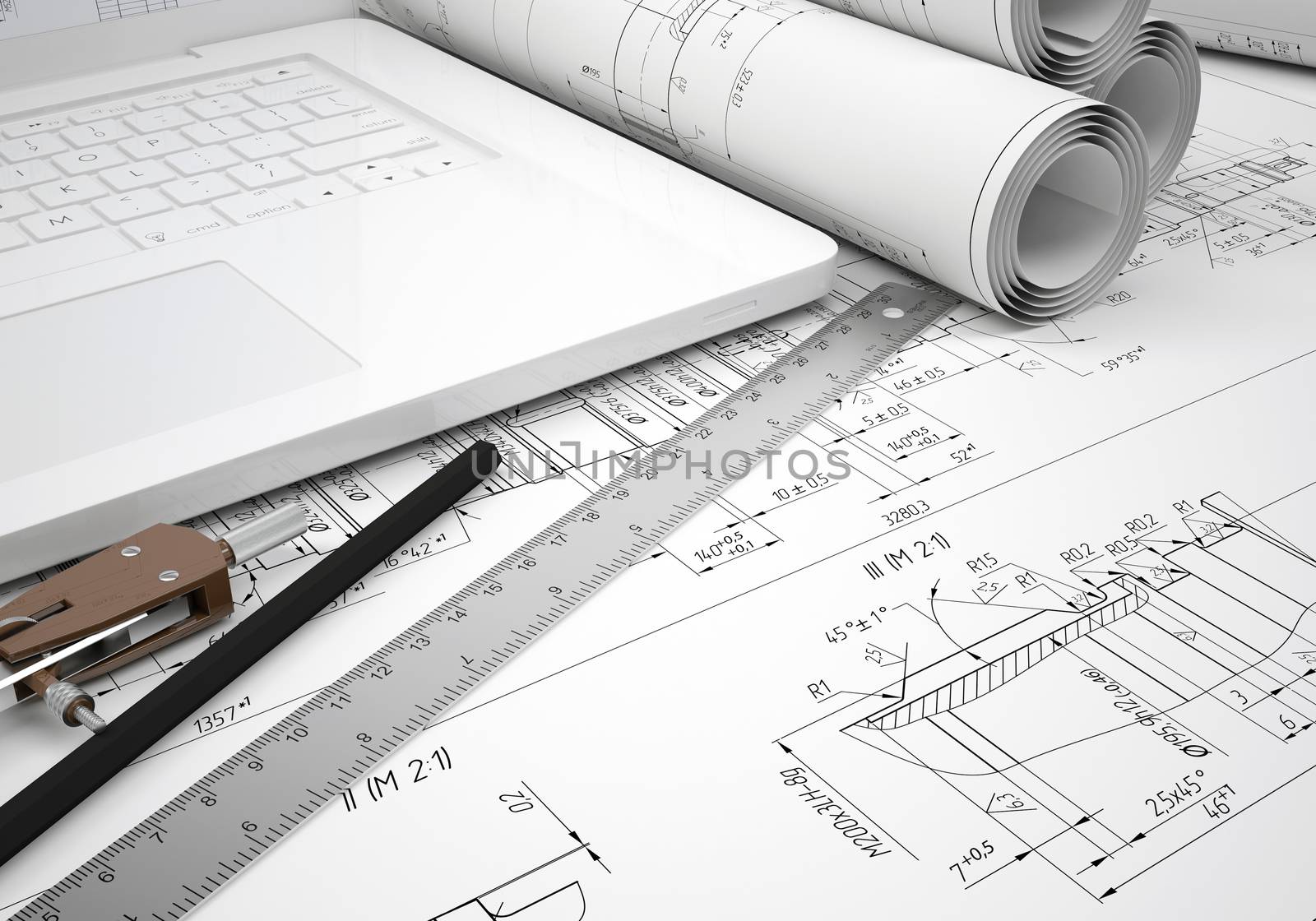 Scrolls engineering drawings and laptop by cherezoff