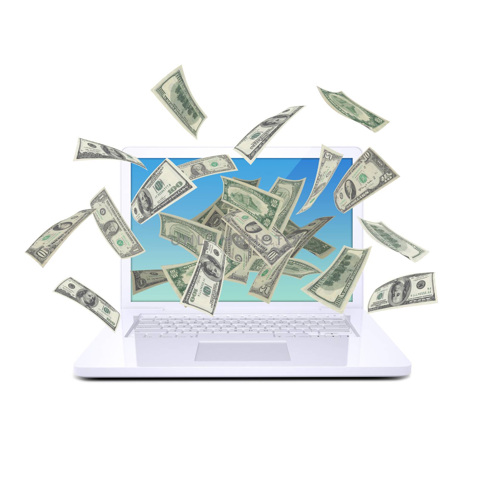 Dollar notes flying around the laptop by cherezoff
