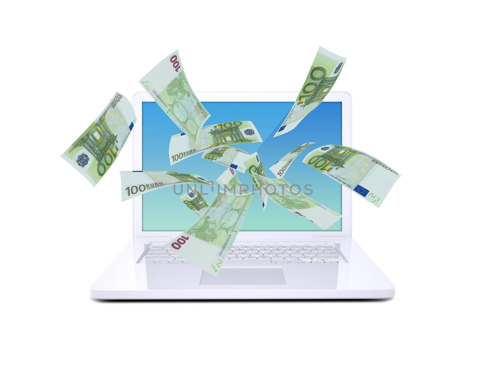 Euro notes flying around the laptop by cherezoff