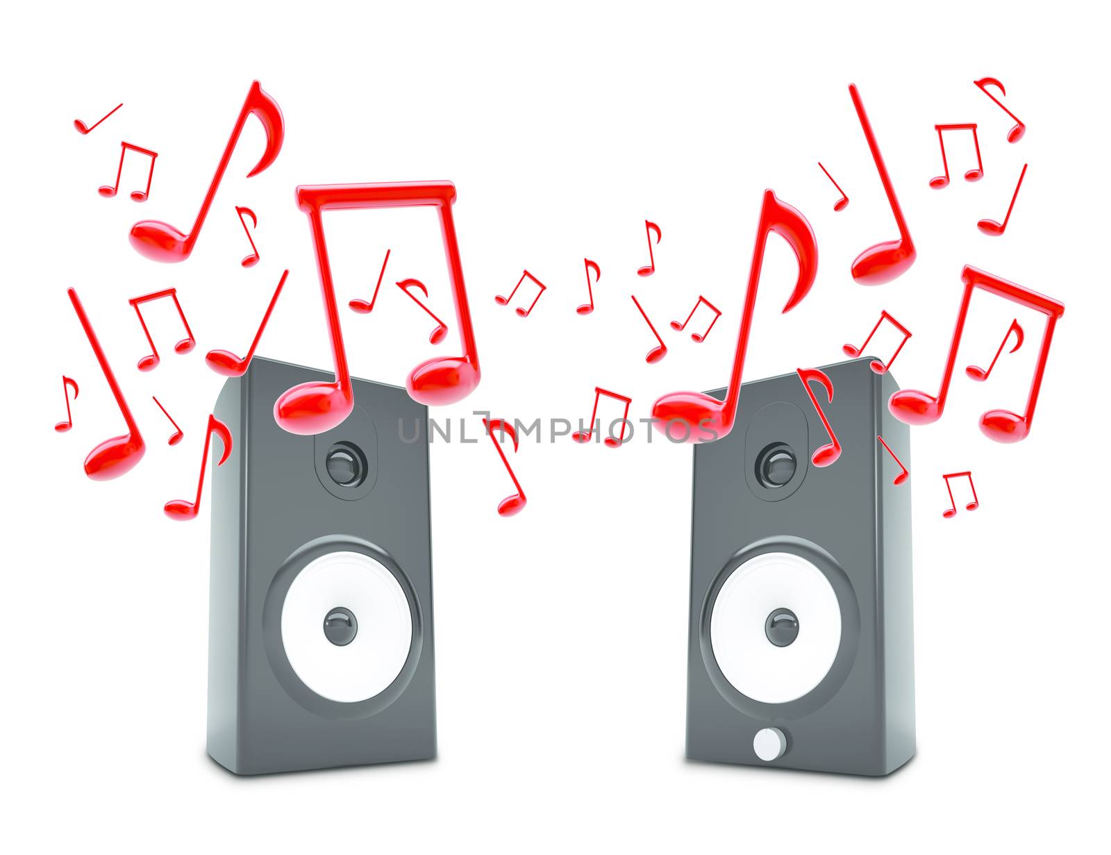 Music notes around audio speakers. Isolated on white background