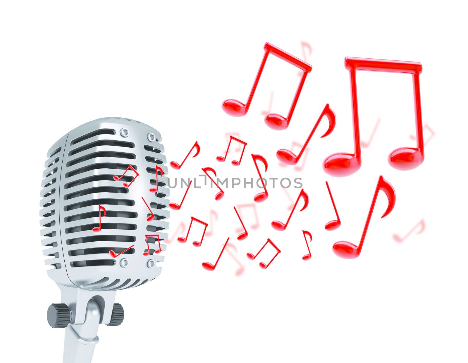 Music notes around studio microphone. Isolated white background