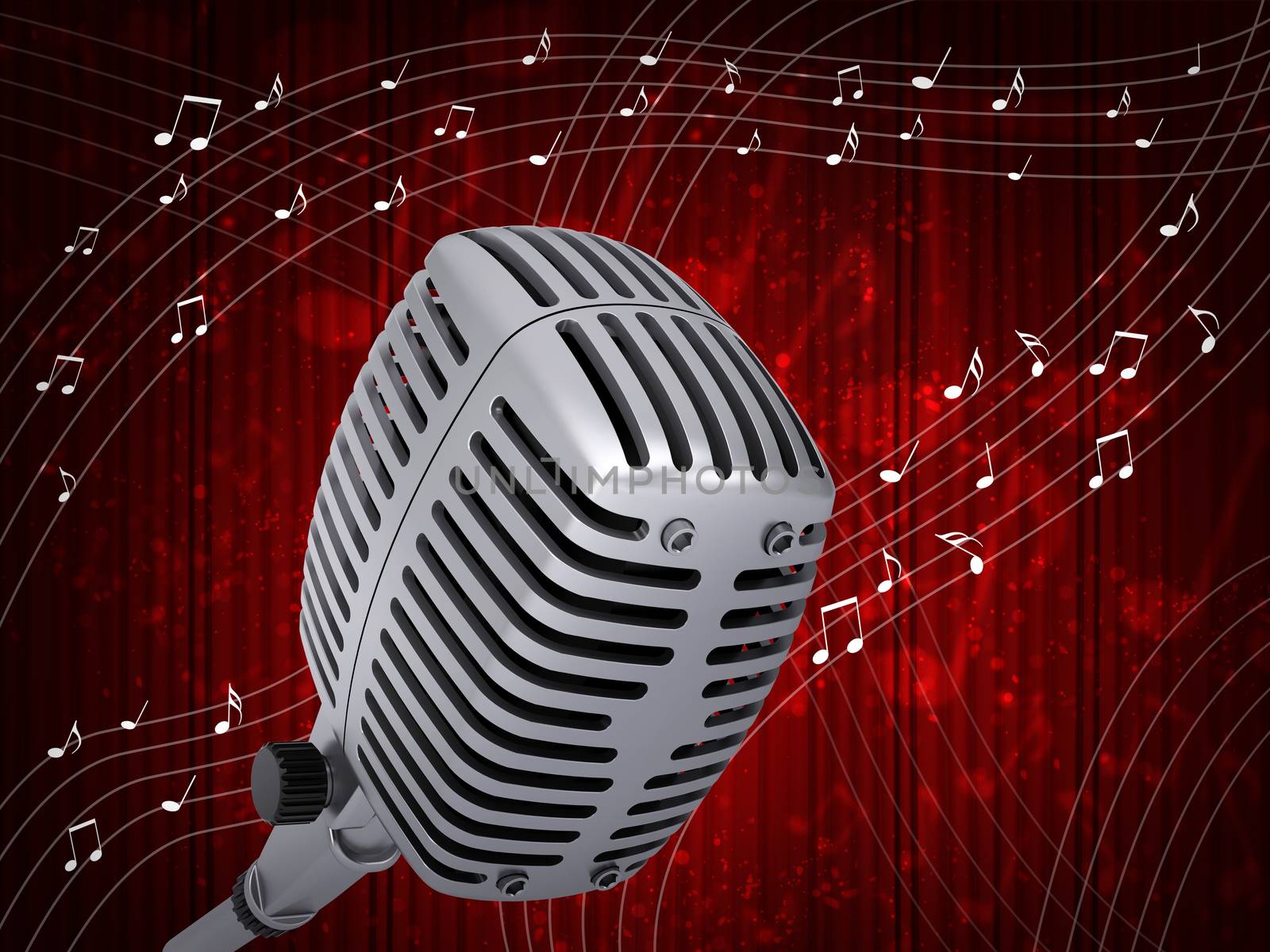 Music notes around studio microphone. Red background