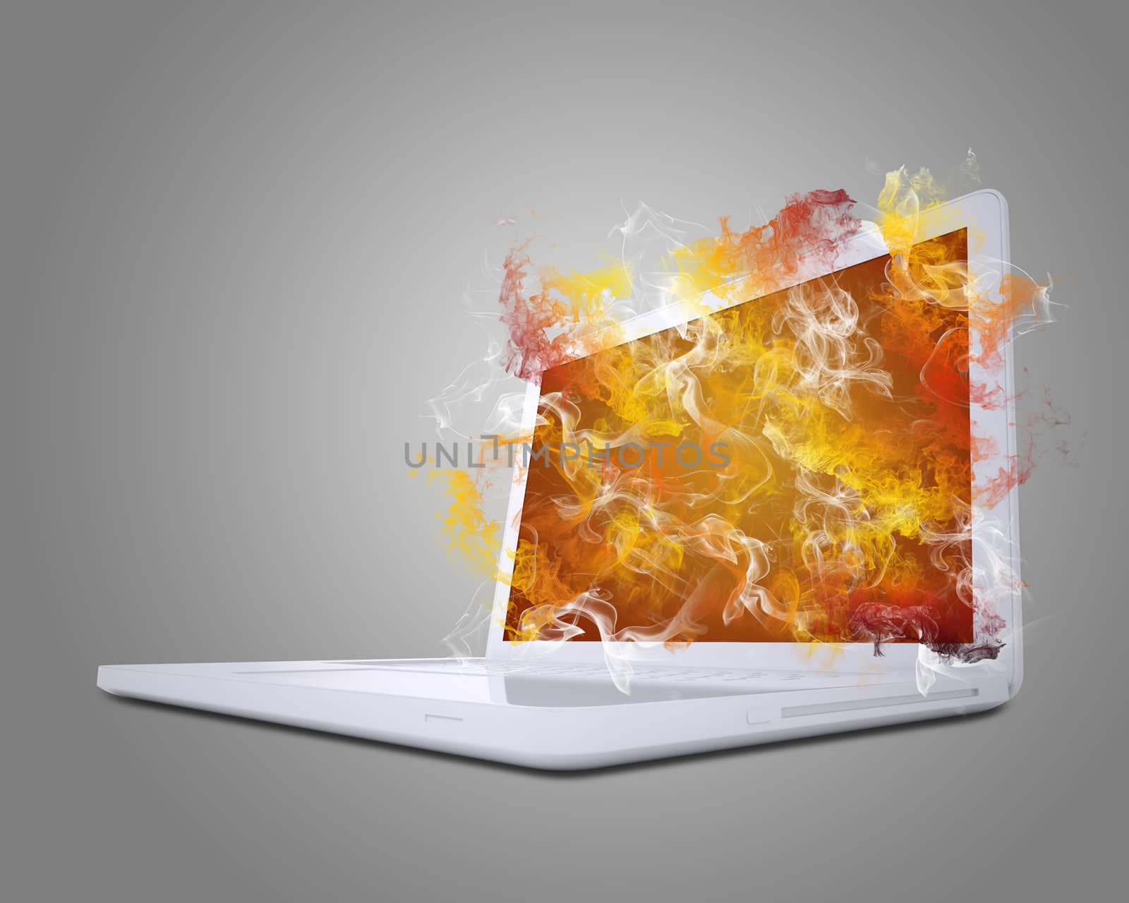 Open white laptop emits colored smoke. The technology concept