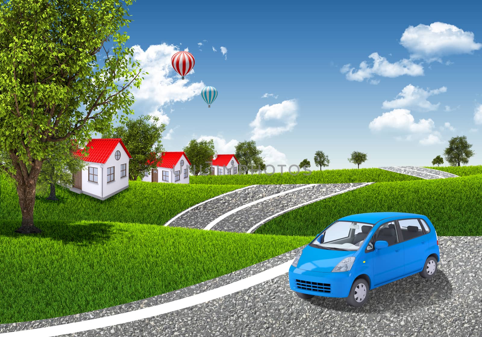 Small car is on road. Forest, house and balloon as backdrop