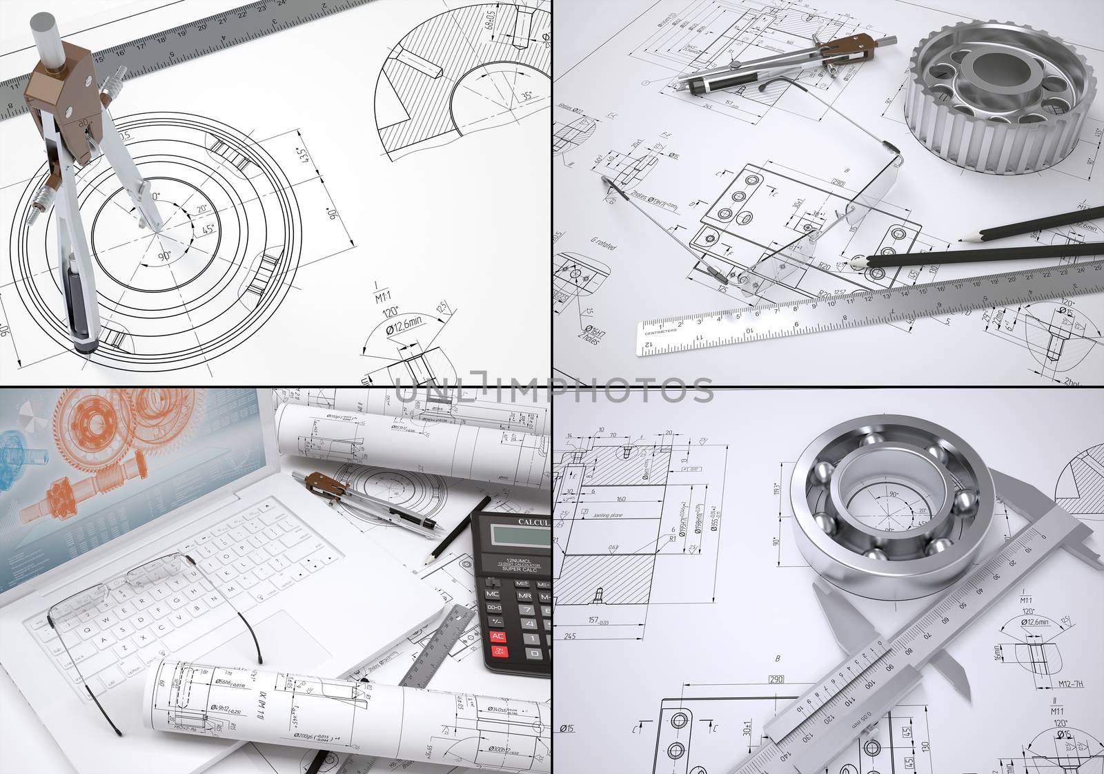 Collection of images on engineering topics. Drawings and engineer tools