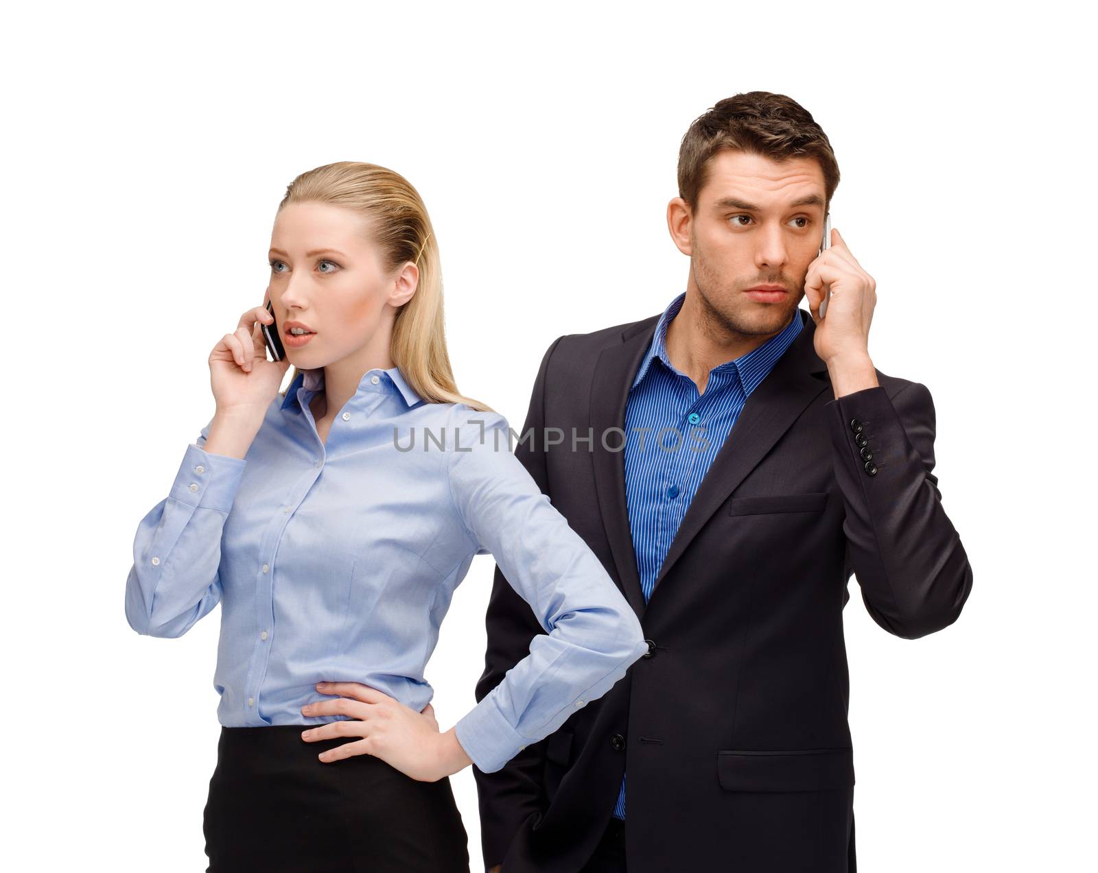 business, technology, communication concept - businesswoman and businessman with cell phones calling