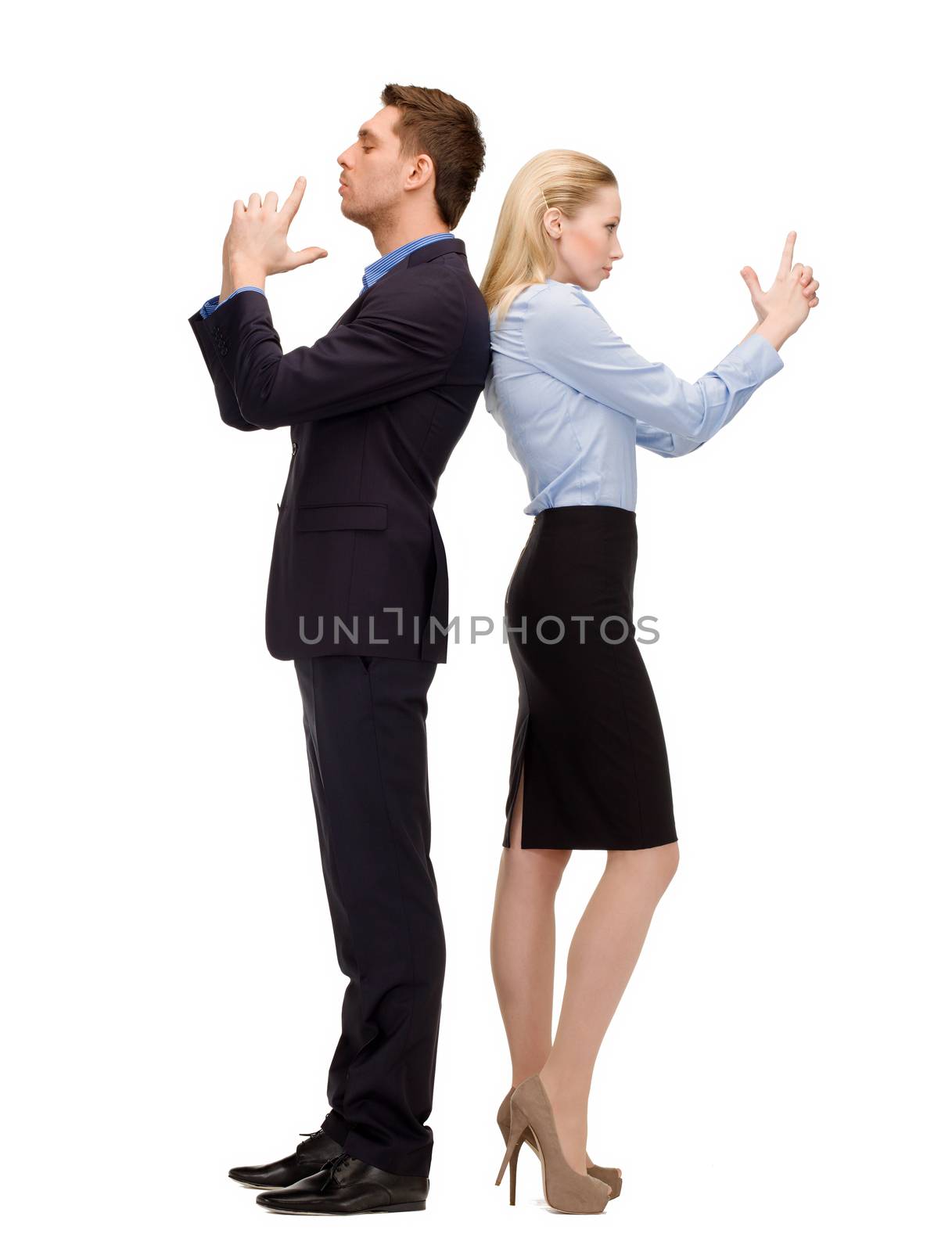 business, teamwork, secutiry, confidence concept - businesswoman and businessman with imaginary guns