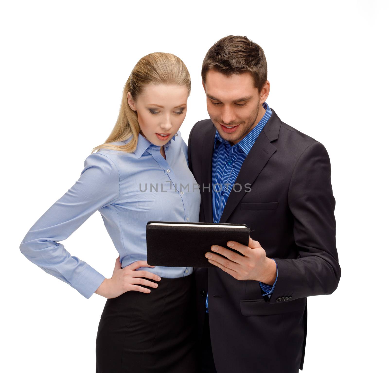 business, internet, technology, computers, communication concept - businesswoman and businessman with tablet pc