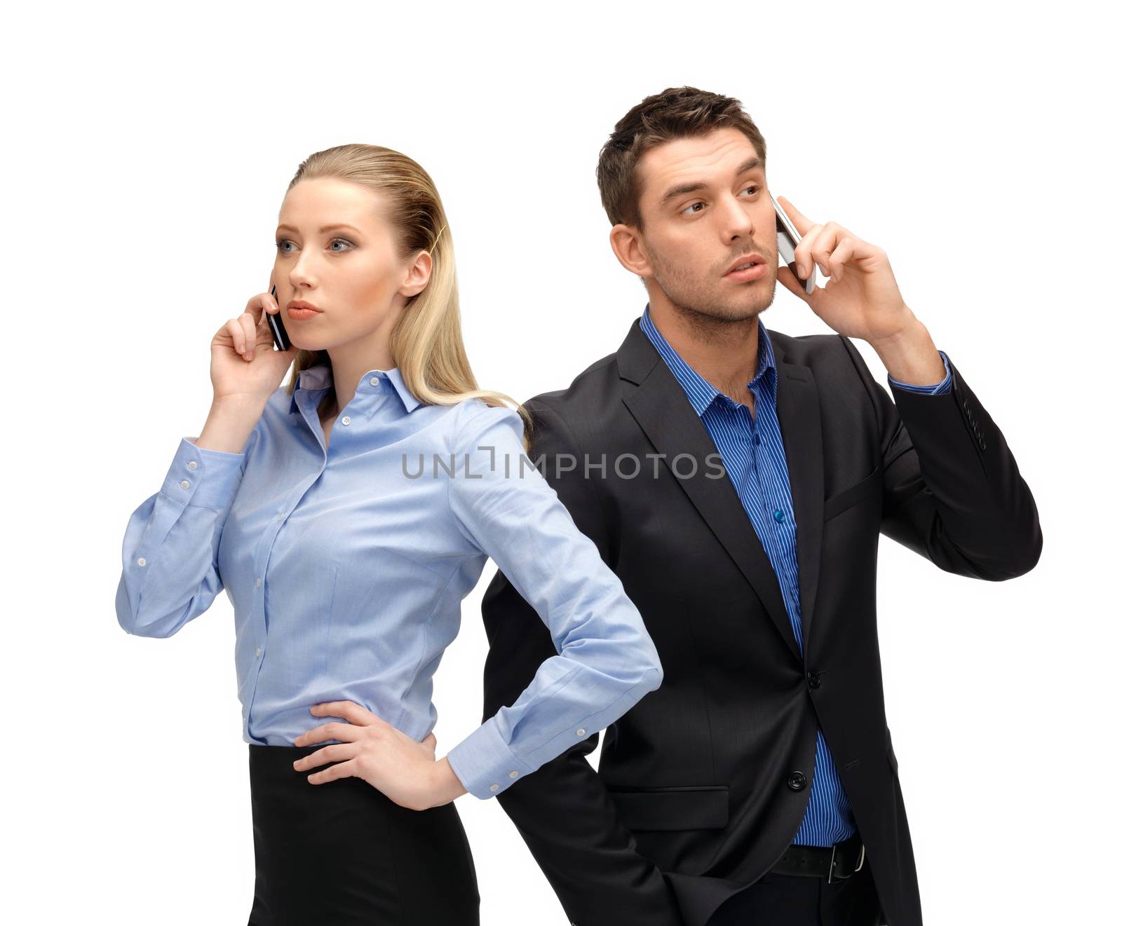 woman and man with cell phones calling by dolgachov