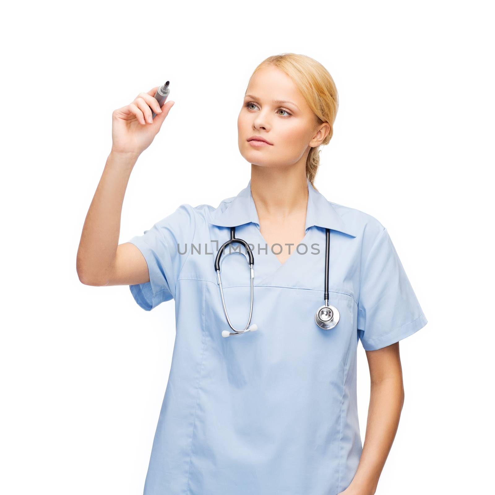 healthcare, medical and technology - young doctor or nurse writing something in the air