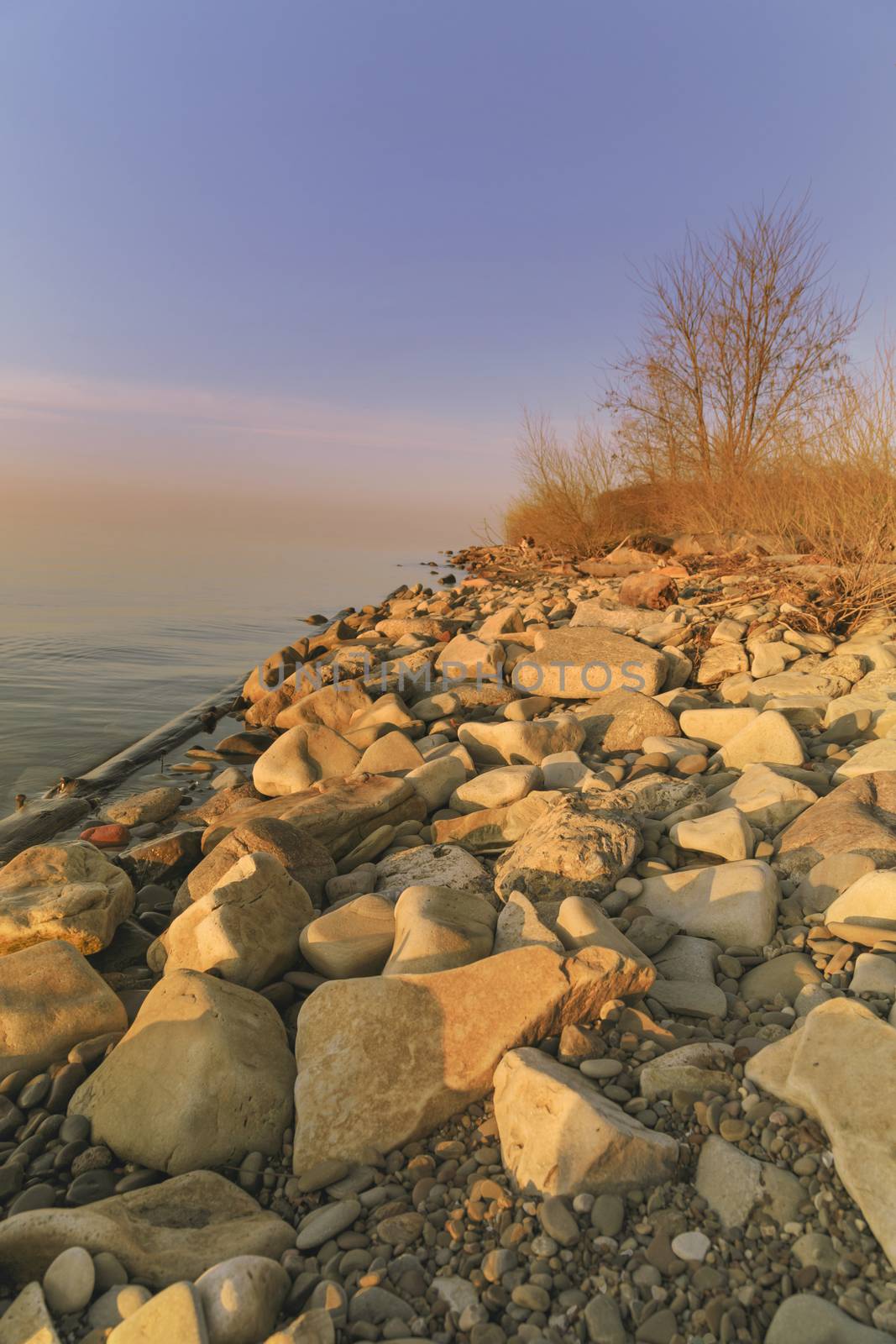 Golden sunset tones light the rocky coastline of Lake Ontario. 