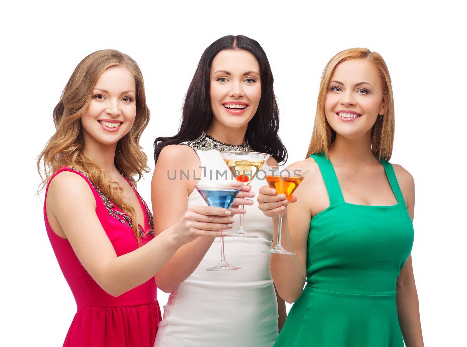 party, celebration, friends, bachelorette party, birthday concept - three beautiful women in evening dresses with cocktails