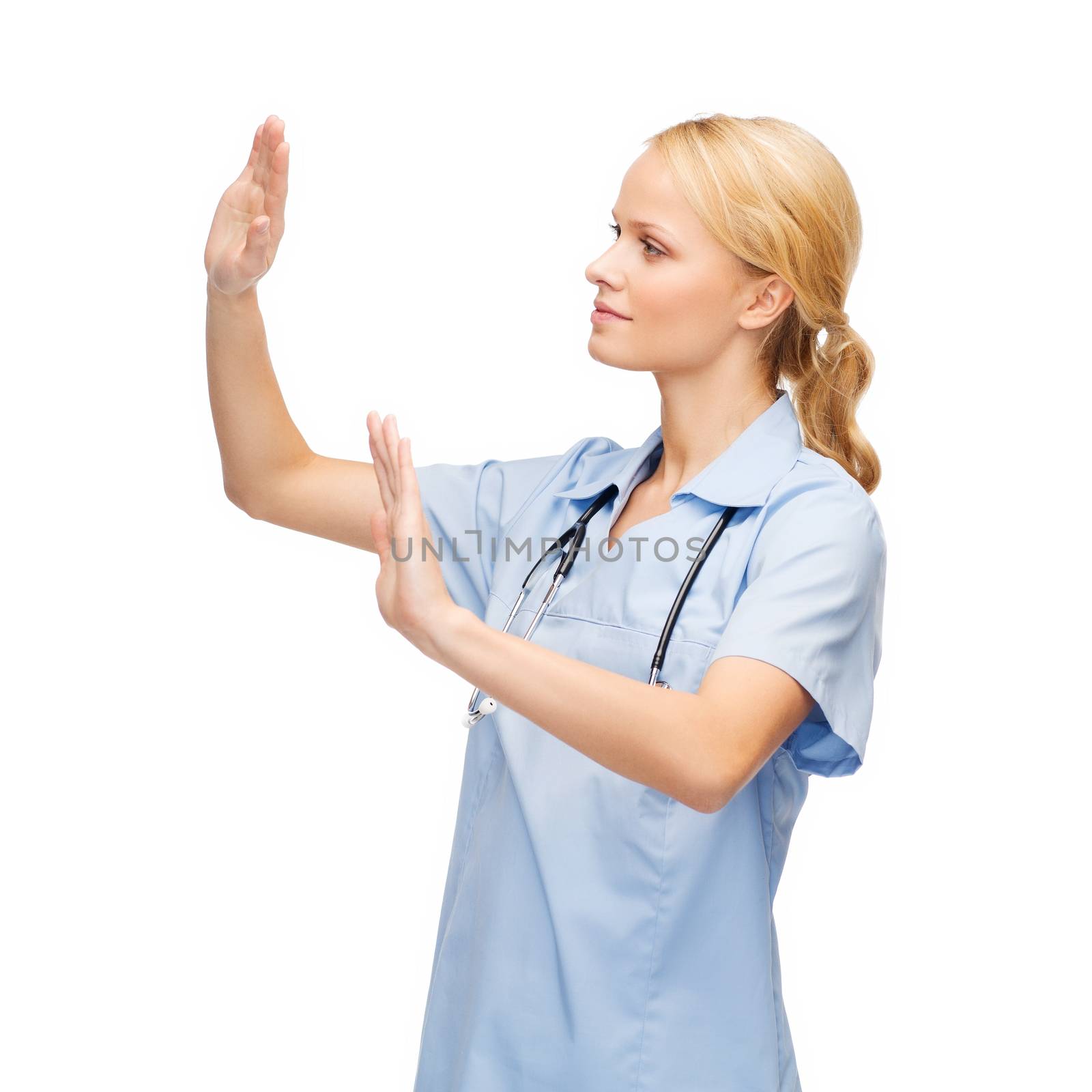 doctor or nurse working with virtual screen by dolgachov