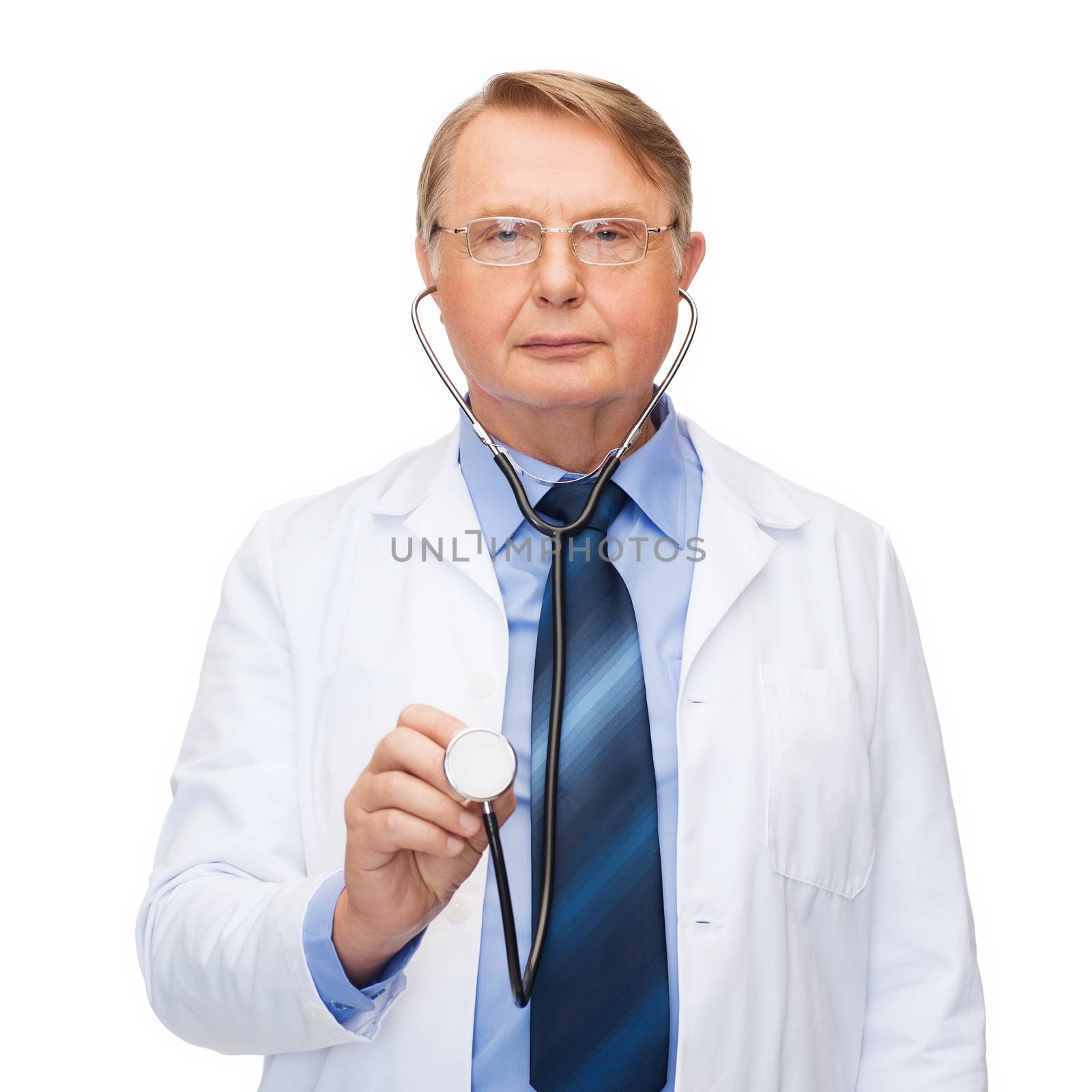 smiling doctor or professor with stethoscope by dolgachov