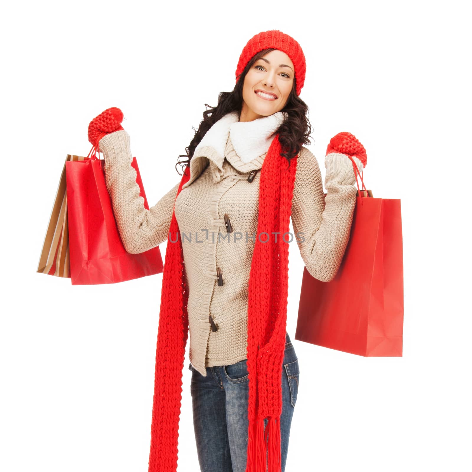 retail and sale concept - full-length picture of happy woman in winter clothes with shopping bags
