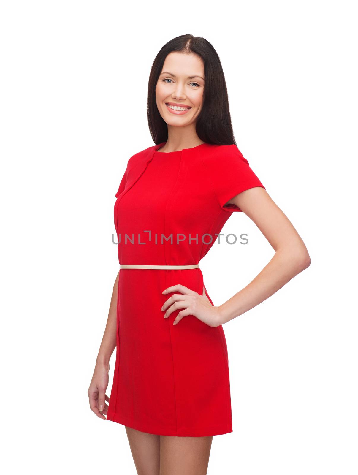 smiling young woman in red dress by dolgachov