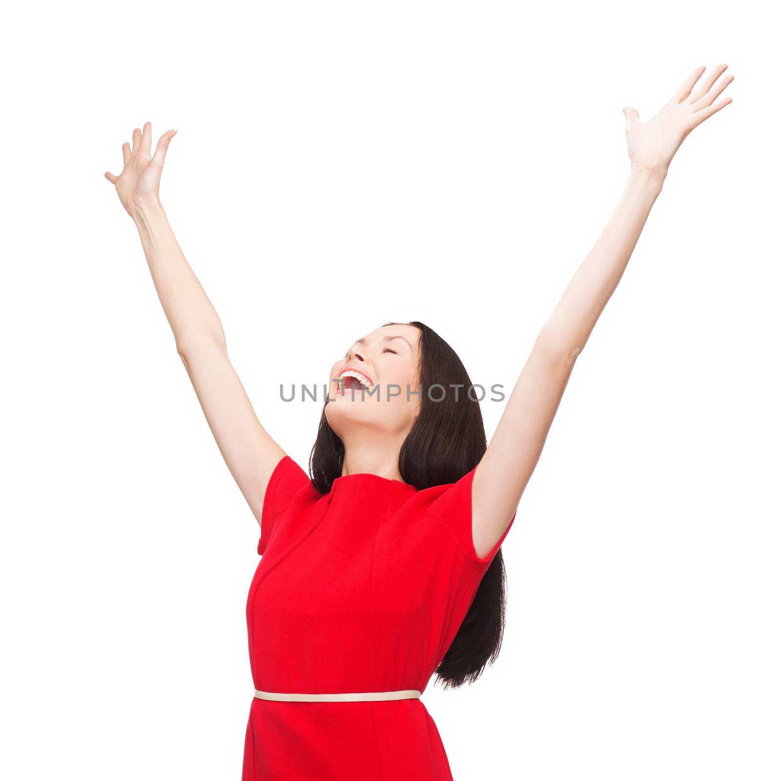 happiness and people concept - smiling young woman in red dress waving hands with closed eyes