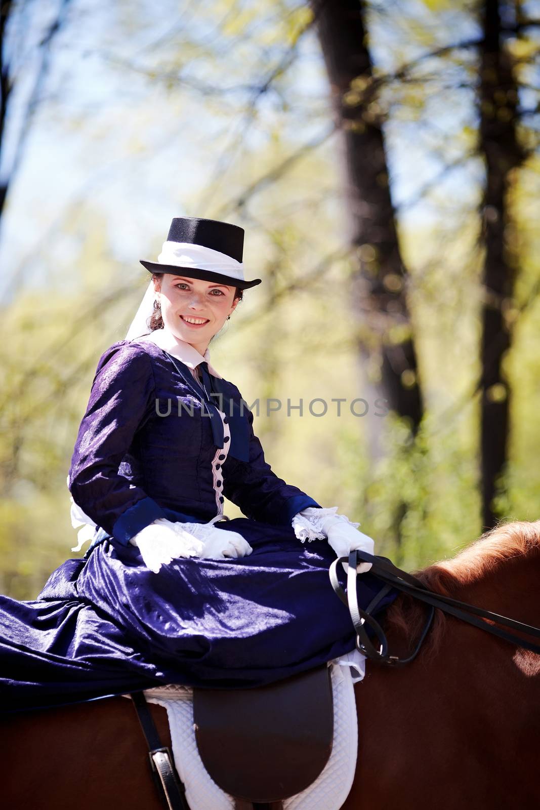 Lady on a  horse. The lady on riding walk. Portrait of the horsewoman. The woman astride a horse. The aristocrat on riding walk.