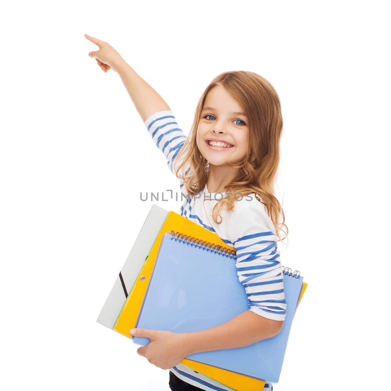 cute girl with folders pointing at virtual screen by dolgachov