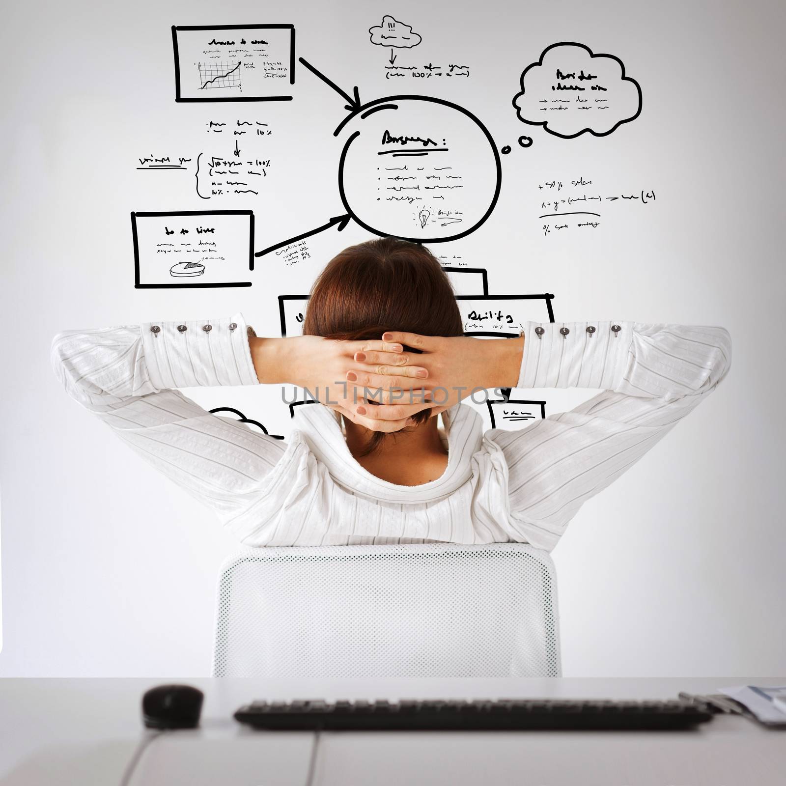 business, office, finances and technology concept - relaxed woman from the back with arms on head looking at plan on virtual